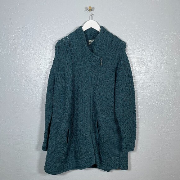 Aran Crafts Women Plus Petite XXLP Blue Gray Cable Knit Sweater Coat Merino Wool - Picture 1 of 10